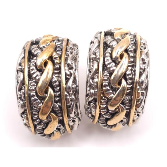 Vintage Two-Tone Sterling Silver & Gold Hoop Earrings With Chain Design - Picture 1 of 3